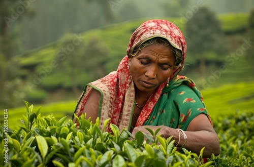 A woman is seen picking tea leaves in a lush green tea plantation photo