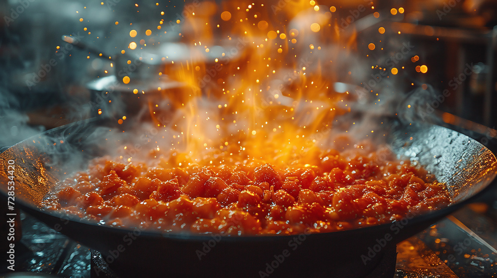 Sizzling tomato sauce in a pan with steam and splattering oil, capturing the action of cooking. Sizzling tomato sauce in a pan with steam and splattering oil, capturing the action of cooking.