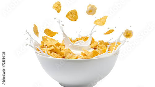 Corn flakes with milk splash in white bowl isolated on white background  photo