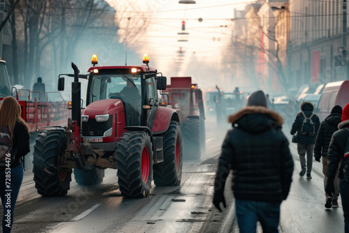 Striking tractor drivers block city streets and create traffic jams photo