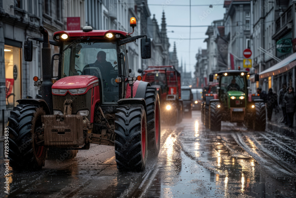 Farmers' strike on tractors. Protest of tractor drivers on the streets of a European city. Rally, demonstration and manifestation expression of discontent - obrazy, fototapety, plakaty 