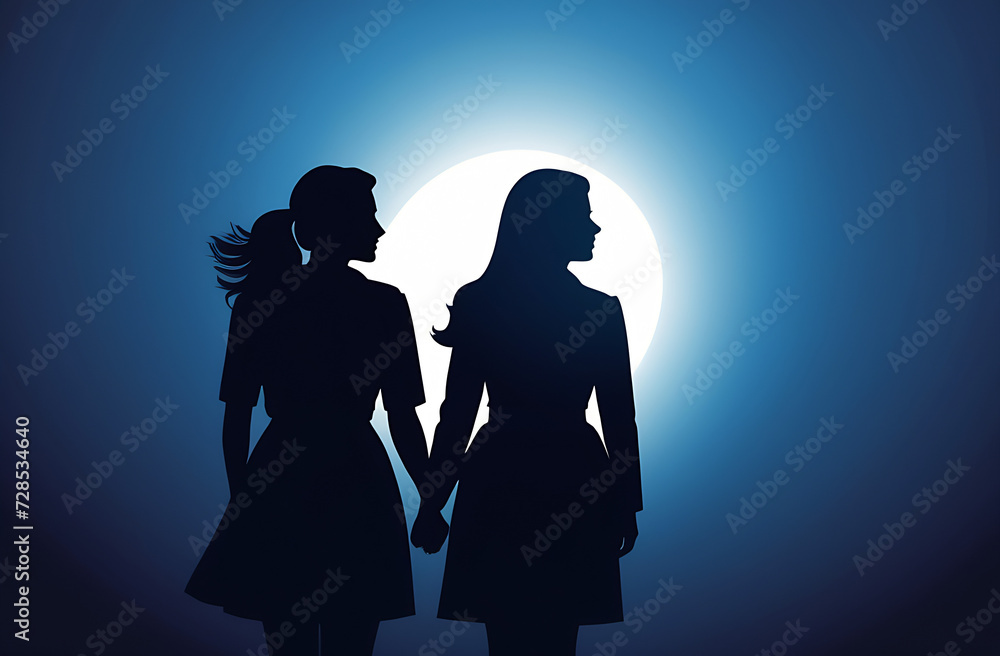 Three women stand together. Silhouettes of Strong and brave girls look forward. Sisterhood and females friendship. Vector illustration for International Women's Day. Space for text on the right side