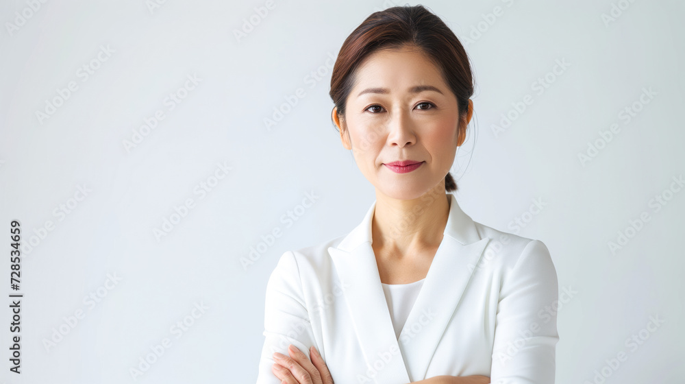 Chinese woman in the business world, radiating leadership and determination against a clean white backdrop Chinese woman in the business world, radiating leadership and determination against a clean white backdrop