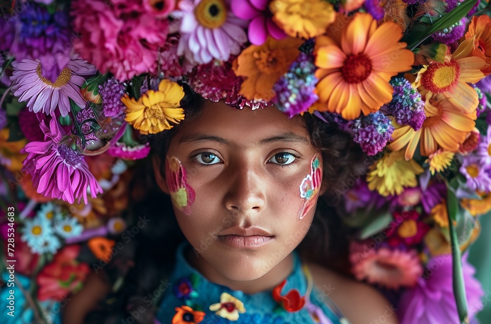 Captivating image of a young girl wearing a crown made of vibrant flowers, showcasing her innocence and natural beauty