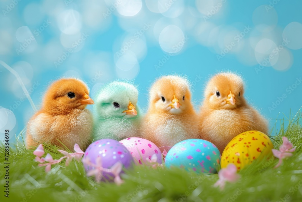 A fluffy flock of tiny chicks huddle together among vibrant eggs, exploring the grassy outdoors with curious beaks and endearing innocence