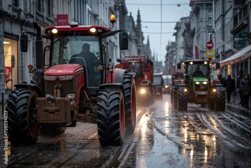 Farmers' strike on tractors. Protest of tractor drivers on the streets of a European city. Rally, demonstration and manifestation expression of discontent photo