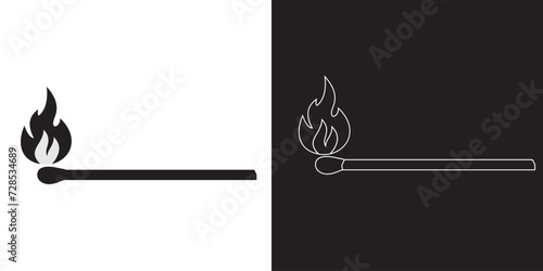 Black outline icon of Matchstick, vector, logo, fire logo.  Burning matchstick .Vector illustration of match stich and fire. Matchstick silhouette.