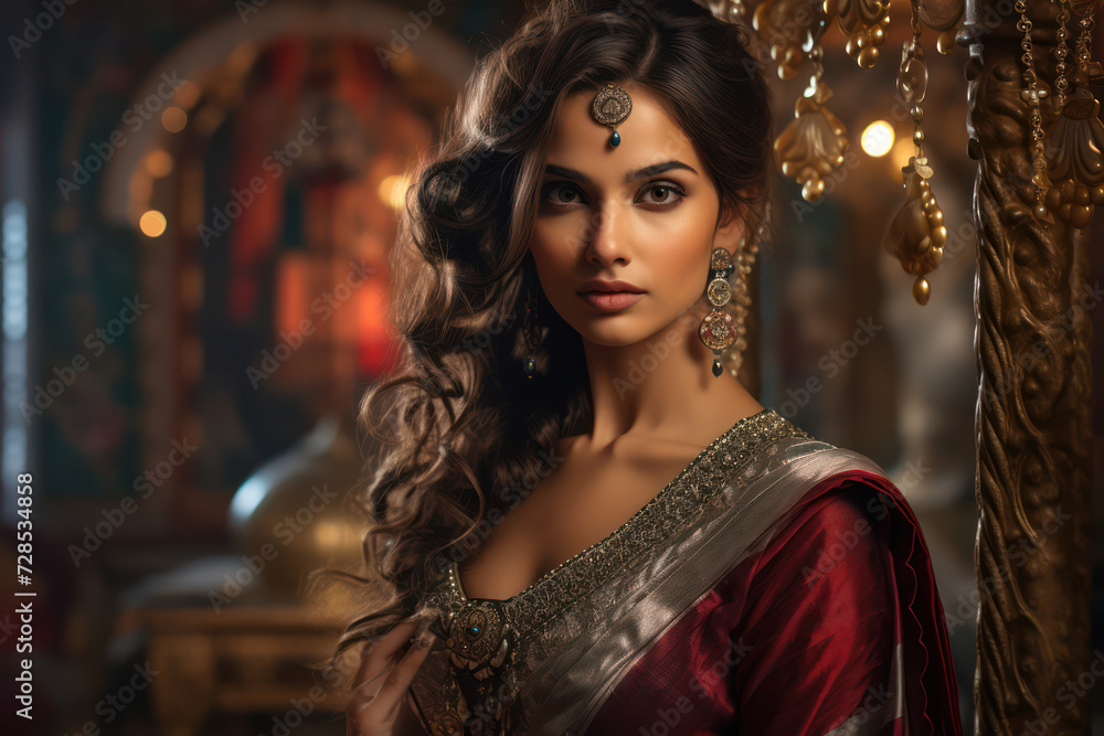 Golden Beauty: A Sensual Portrait of a Young Asian Lady with Glamorous Black Hair and Attractive Makeup, Wearing a Traditional Indian Sari and Elegant Jewelry, Posing on a White Background Golden Beauty: A Sensual Portrait of a Young Asian Lady with Glamorous Black Hair and Attractive Makeup, Wearing a Traditional Indian Sari and Elegant Jewelry, Posing on a White Background
