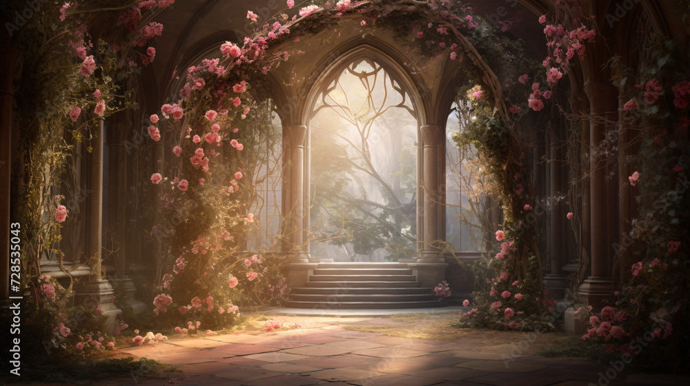 Mystical outdoor scene with roses hanging on an arch.
Mystical outdoor scene with roses hanging on an arch.