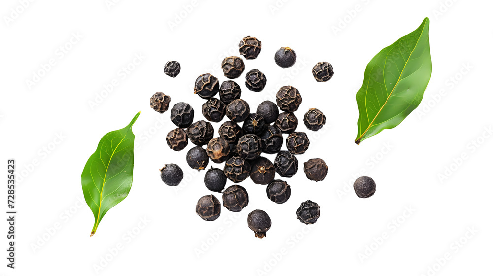  black peppercorns (black pepper) with leaves isolated on white background. - obrazy, fototapety, plakaty 