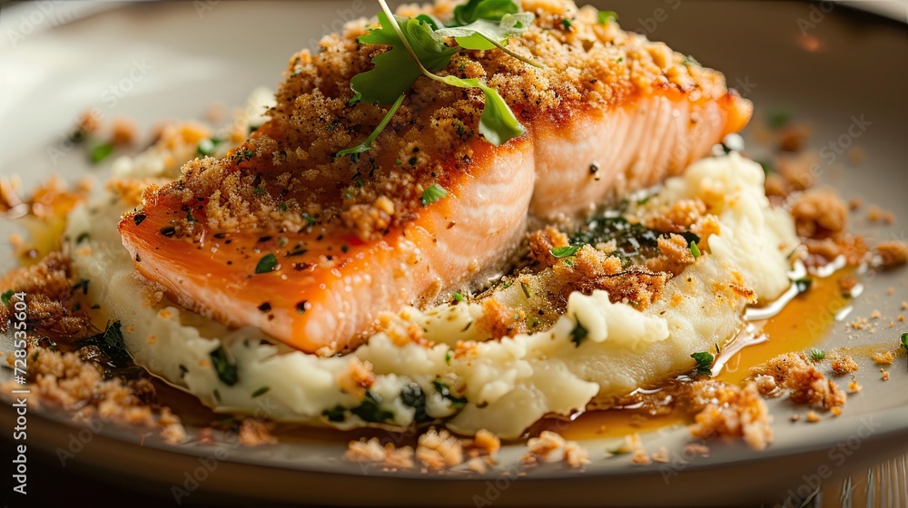 Salmon and mashed potatoes. Generative AI Salmon and mashed potatoes. Generative AI