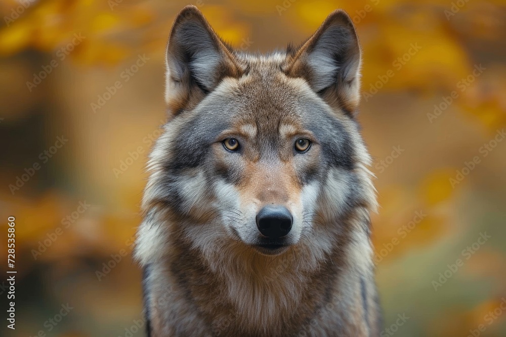 A majestic canine, standing tall in the crisp autumn air, stares intently at the camera with its piercing snout, embodying the wild and free spirit of a wolf