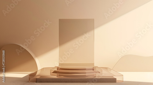 transparent glass podium with mirror coating at the bottom of the podium on a beige background