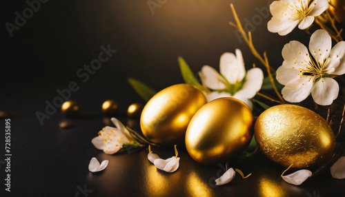 Easter eggs and flowers on black background  still life  holiday greeting card  copy space