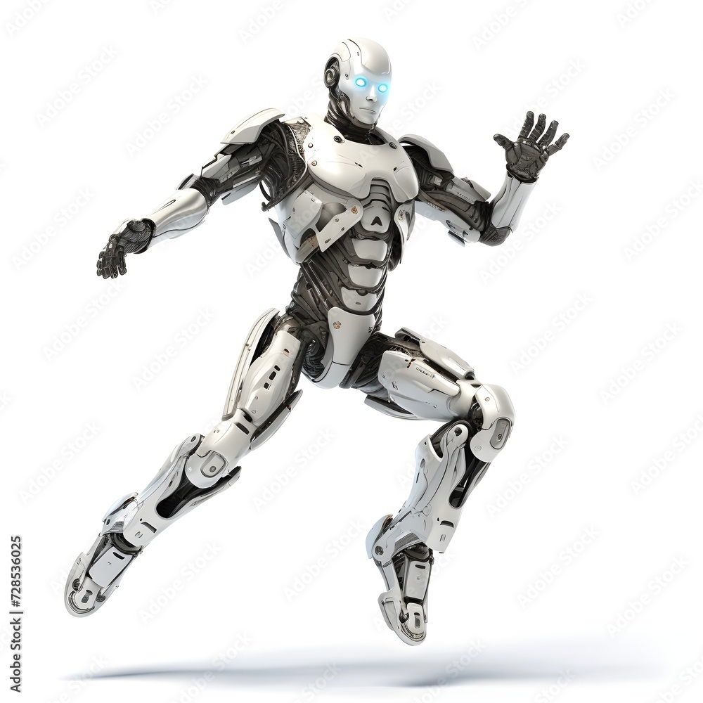 robot man jumping isolated on white background