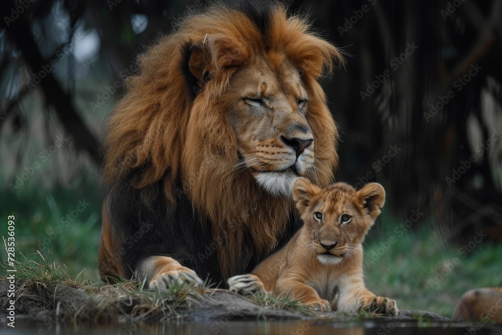 A majestic masai lion stands tall with its curious cub by its side, surveying the vast grasslands and tranquil waters of their outdoor kingdom as the sun sets behind them
