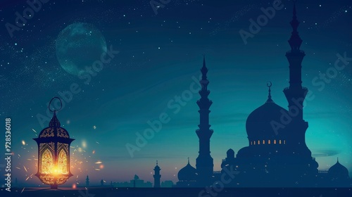 Arabic lantern with mosque, Ramadan kareem background with dark mosque silhouette 