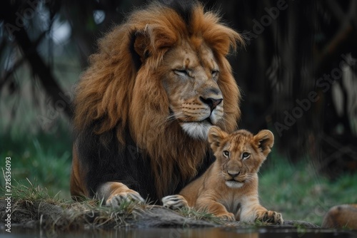 A majestic masai lion stands tall with its curious cub by its side  surveying the vast grasslands and tranquil waters of their outdoor kingdom as the sun sets behind them