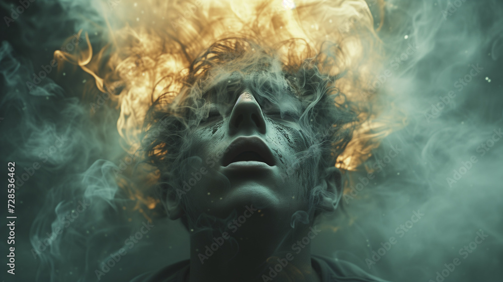 Upward view of a face surrounded by swirling smoke