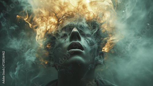 Upward view of a face surrounded by swirling smoke