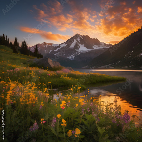  Serene Lake with Wildflowers and Mountain Vista