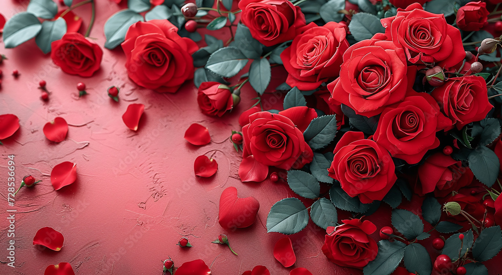 Bouquet of red roses and scattered petals on a textured red background, symbolizing romance and love. Bouquet of red roses and scattered petals on a textured red background, symbolizing romance and love.