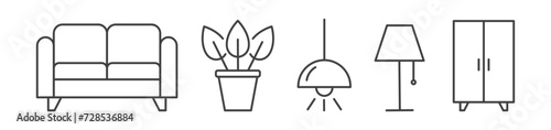 Set of furniture black line icon with editable stroke. interior elements such as a sofa, wardrobe, lamp, chair, home plant. Outline icons collection 
