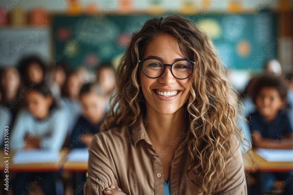 Portrait of smiling teacher in a class at elementary school looking at camera with learning students on background, Generative AI Portrait of smiling teacher in a class at elementary school looking at camera with learning students on background, Generative AI