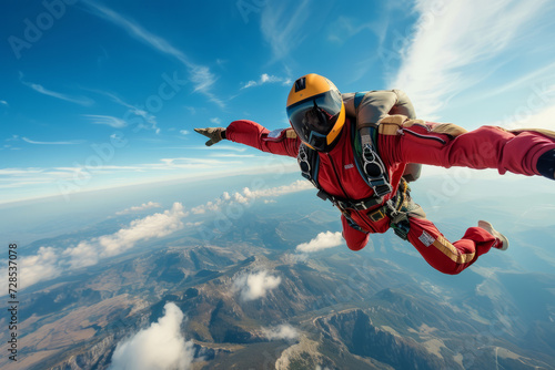 Close-up of a skydiver wearing red suit and protective helmet in free fall. Athlete with parachute against the blue sky, white clouds and the surface of the earth far below. photo