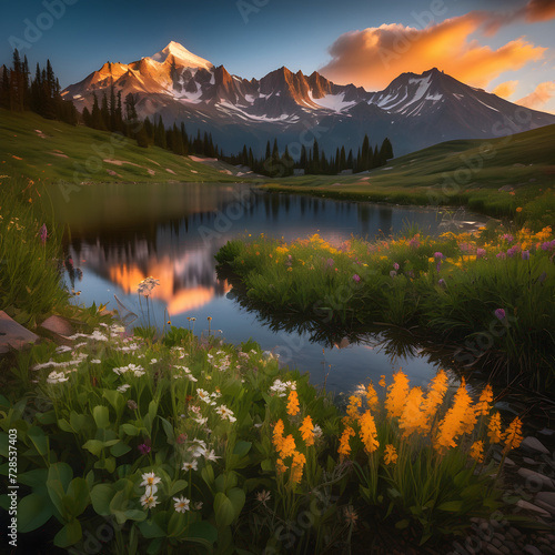 Serene Alpine Lake with Wildflower Meadow