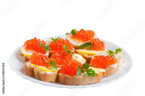 sandwich with red caviar on white background