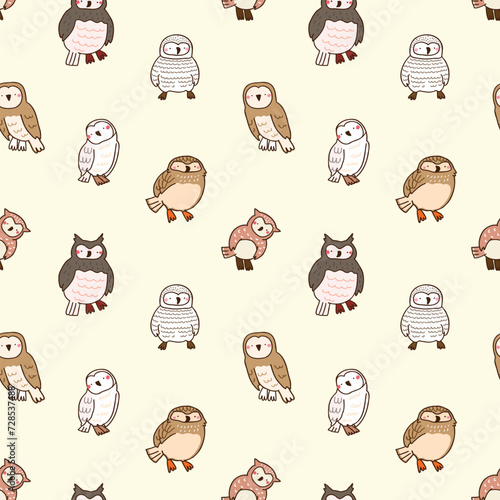 Seamless Pattern of Cartoon Owl Design on Light Yellow Background photo