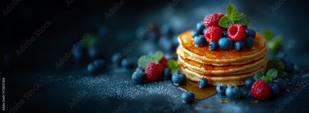 Pancakes stack with berries and mint, banner on a black background. Pancakes stack with berries and mint, banner on a black background.
