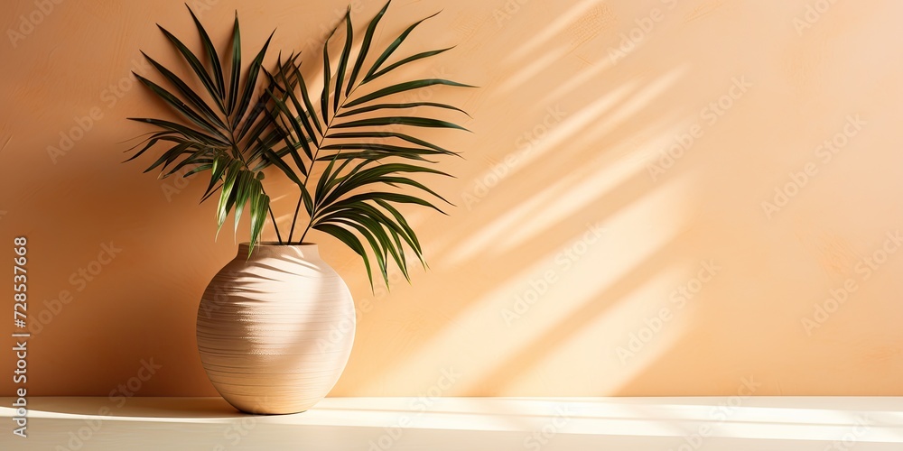 Stylish round vase with palm leaf casting shadows. Beige background. Front view. Copy space. Stylish round vase with palm leaf casting shadows. Beige background. Front view. Copy space.