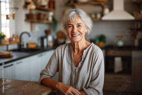 Smiling middle aged woman sitting in domestic kitchen at home, single mature senior in living room with flowers and plants, Generative AI