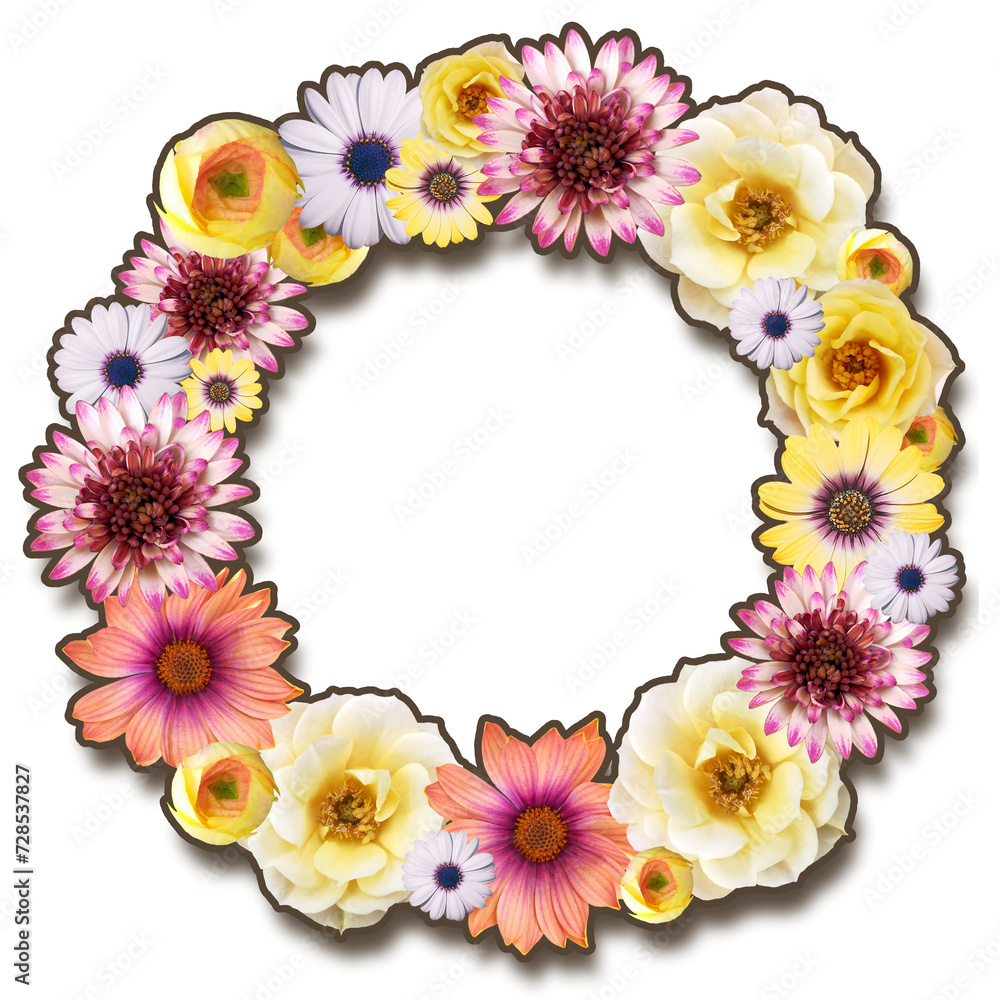 Obraz premium 華やかな色とりどりの花で作ったボタニカルリース