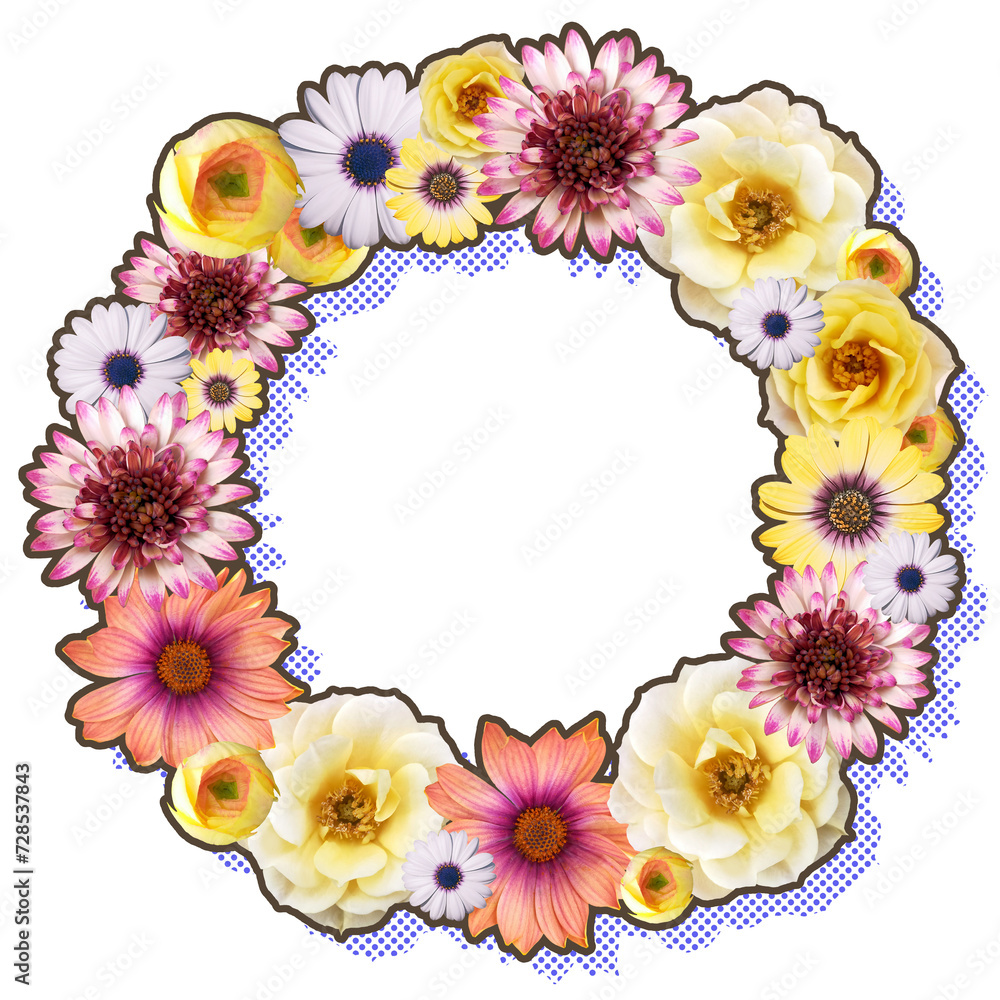 Obraz premium 華やかな色とりどりの花で作ったボタニカルリース