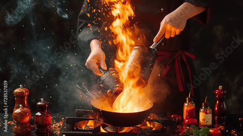 Dramatic cooking scene with hands adding ingredients to a flaming pan, surrounded by spices and bottles.
