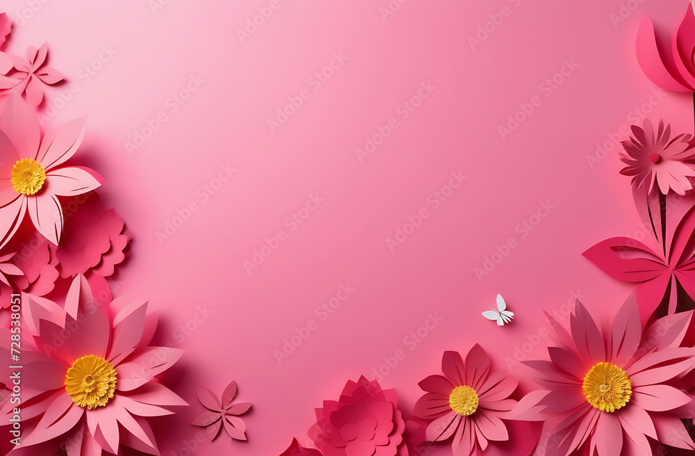 Spring flowers in paper cut style with copy space pink background 