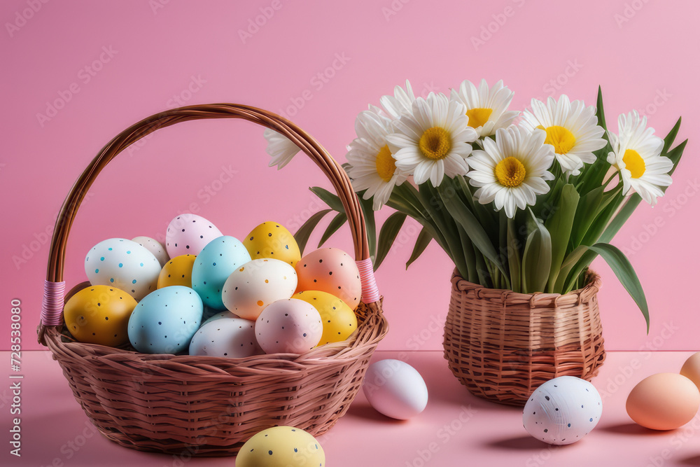 Basket with colorful Easter eggs and blooming flowers on the table on pink background.