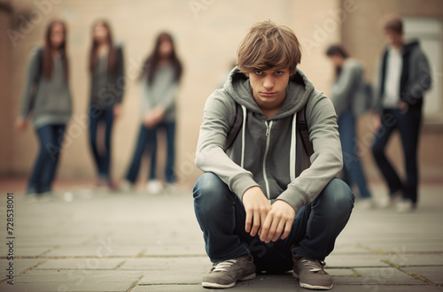 A teenage boy sitting alone with a troubled expression while blurred figures of peers stand in the background, symbolizing exclusion and bullying at school
