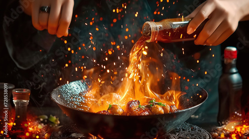 Chef pouring alcohol into flaming pan with meat, creating dramatic fire burst in a dark kitchen setting.