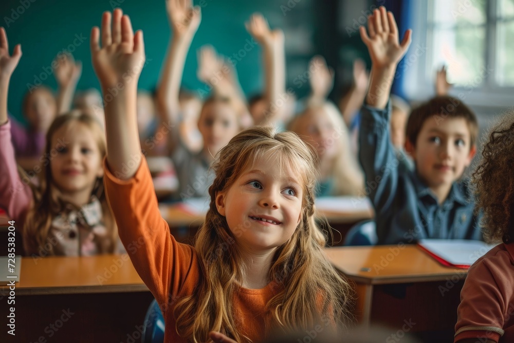 Fototapeta premium Students raising their hands in class at the elementary school, Generative AI