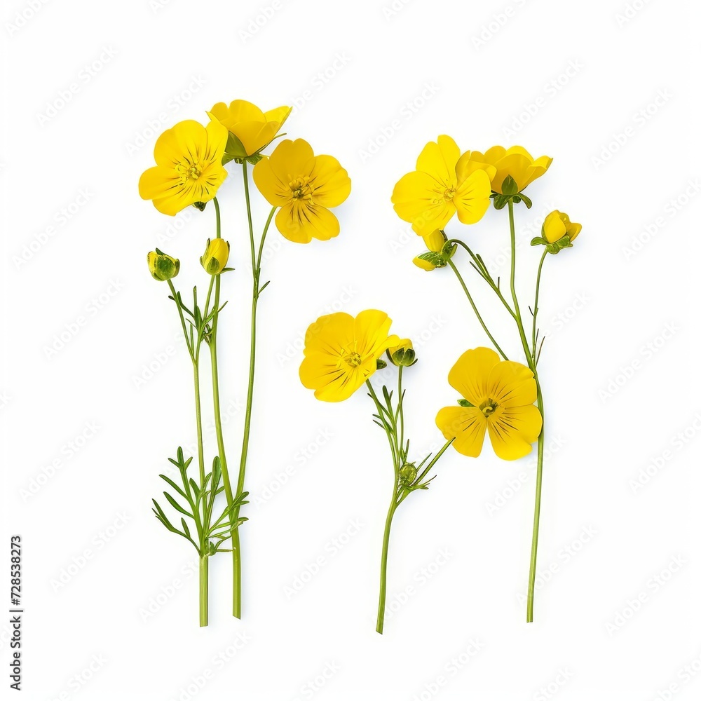 Fototapeta premium Stems of meadow field buttercup yellow flowers isolated on white background with clipping path. Full Depth of field. Focus stacking. Generative AI