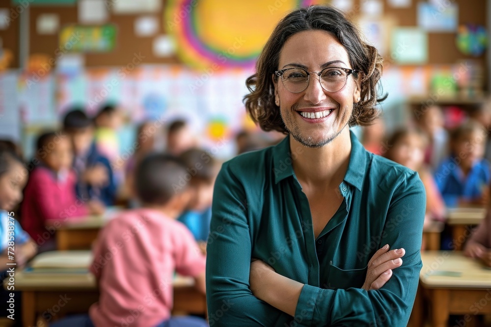 Portrait of smiling teacher in a class at elementary school looking at camera with learning students on background, Generative AI Portrait of smiling teacher in a class at elementary school looking at camera with learning students on background, Generative AI