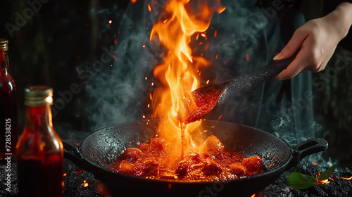 Flambé cooking technique, chef igniting sauce in pan with dramatic flame, dark kitchen background.