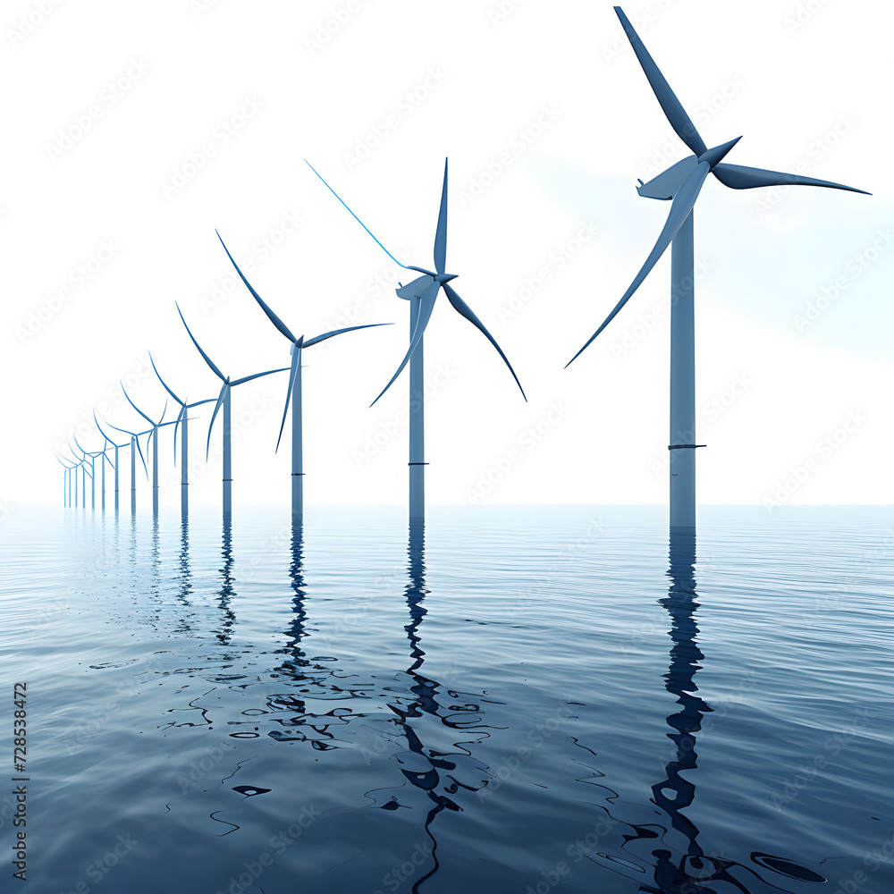 Offshore wind farm with turbines in the sea isolated on white background, minimalism, png
