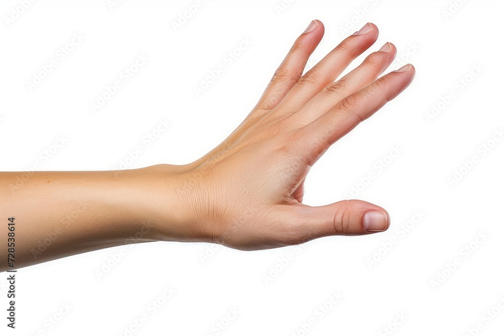 Woman hand holding grabbing or measuring something isolated on white background, with clipping path.  Five fingers. Full Depth of field. Focus stacking. Generative AI