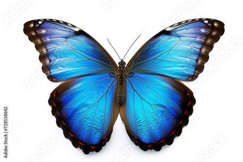Beautiful tropical Morpho butterfly with wings spread and isolated on white background, close-up macro, Generative AI