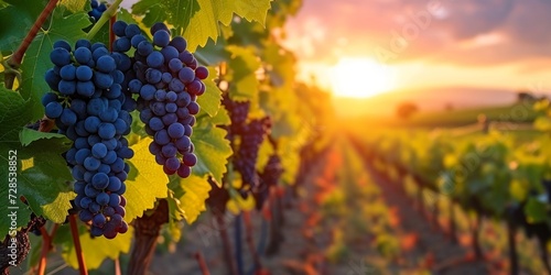 Black grape on vineyards background, winery at sunset, panoramic view banner. Generative AI